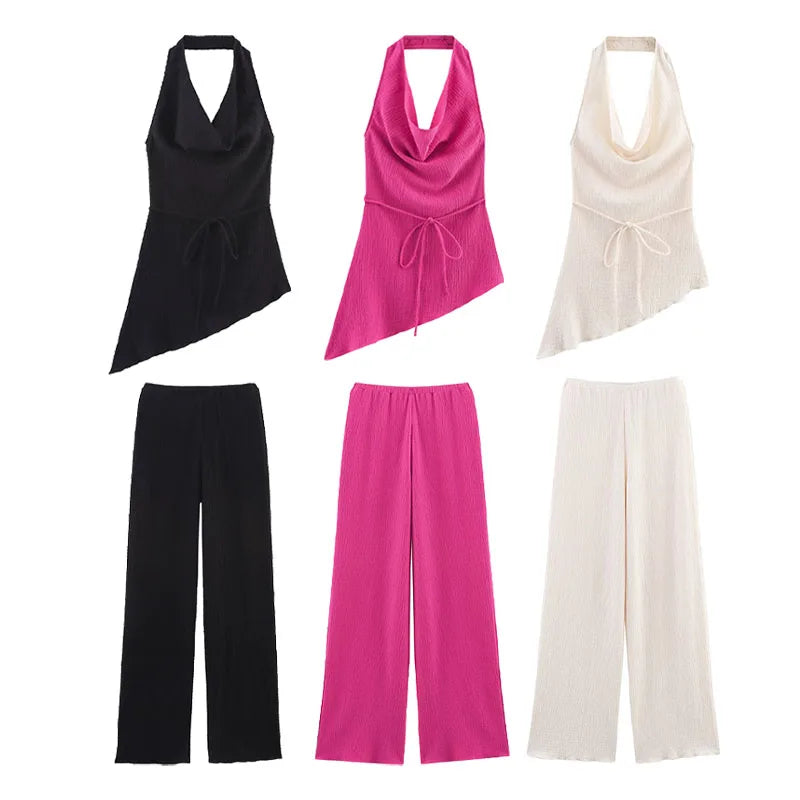 Zweiteiliges Neckholder-Set – Fuchsiafarbenes Oberteil und Hose