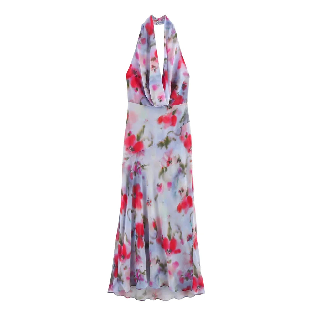Bedrucktes, plissiertes Maxikleid mit V-Ausschnitt